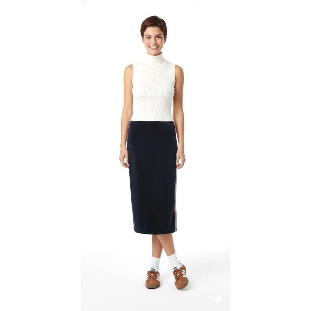 NWT Elie Tahari Velvet Midi Skirt Navy L‎ Side Stripe Office Siren Sporty Chic - Picture 12 of 16